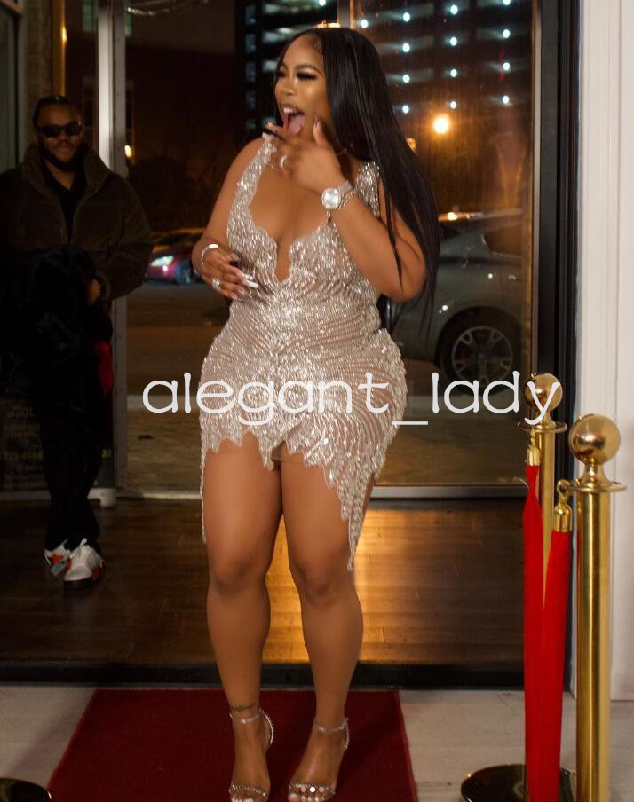 Silver Diamond Mini Evening Cocktail Dresses for Black Girl Luxury Crystal Beaded See Thgouth Birthday Gala Party Gown