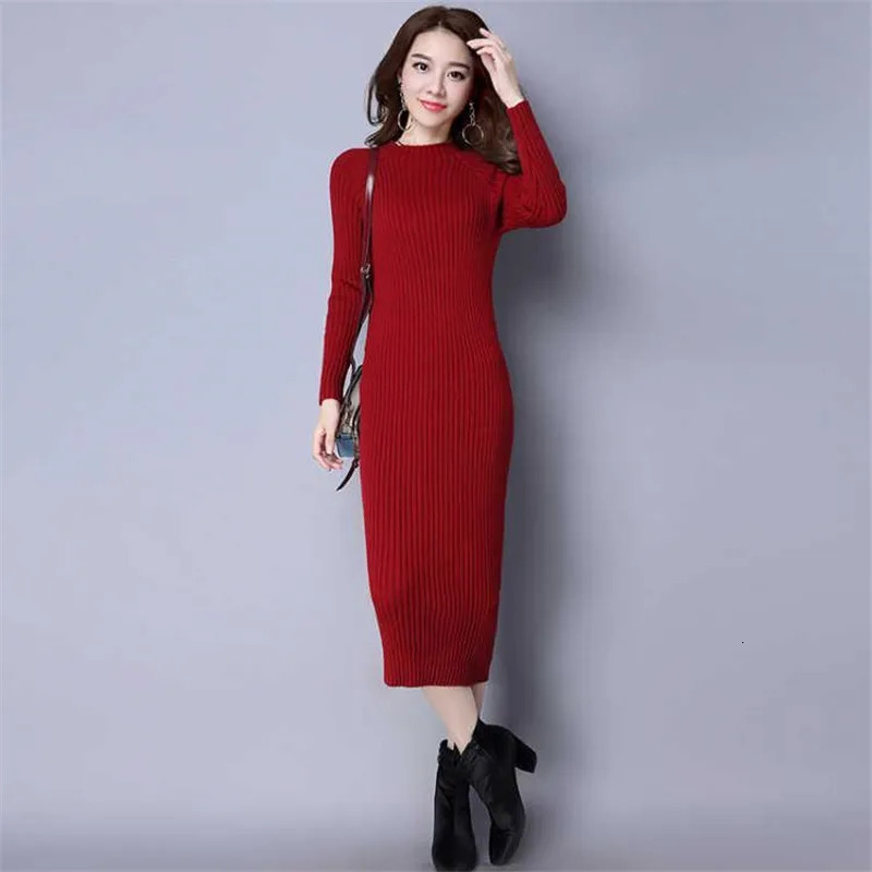 Autumn Women Bodycon Sheath Dress Sexy Red Ladies Knitted Sweater Dresses Cotton Long Sleeve Pure Casual Female Midi 240315