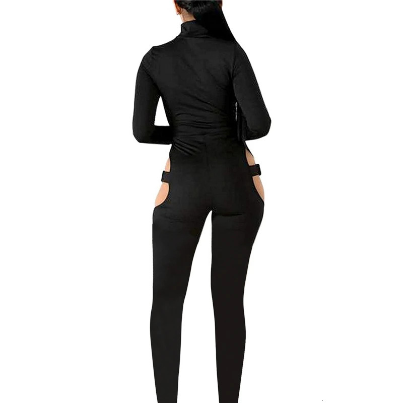 Sexy Women Bodycon Jumpsuit Solid Color Overalls Long Sleeves Rompers Bodysuits High Neck Hollow Out Buckle Biker Short Clubwear 240311