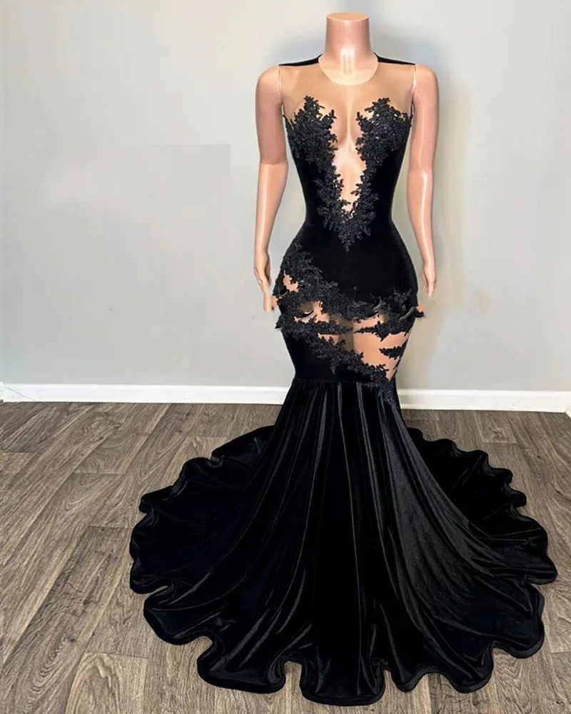 Sexy Black Mermaid Prom Dresses Lace Velvet African Women Party Gowns Sequin Vestidos De Ocasion Formales