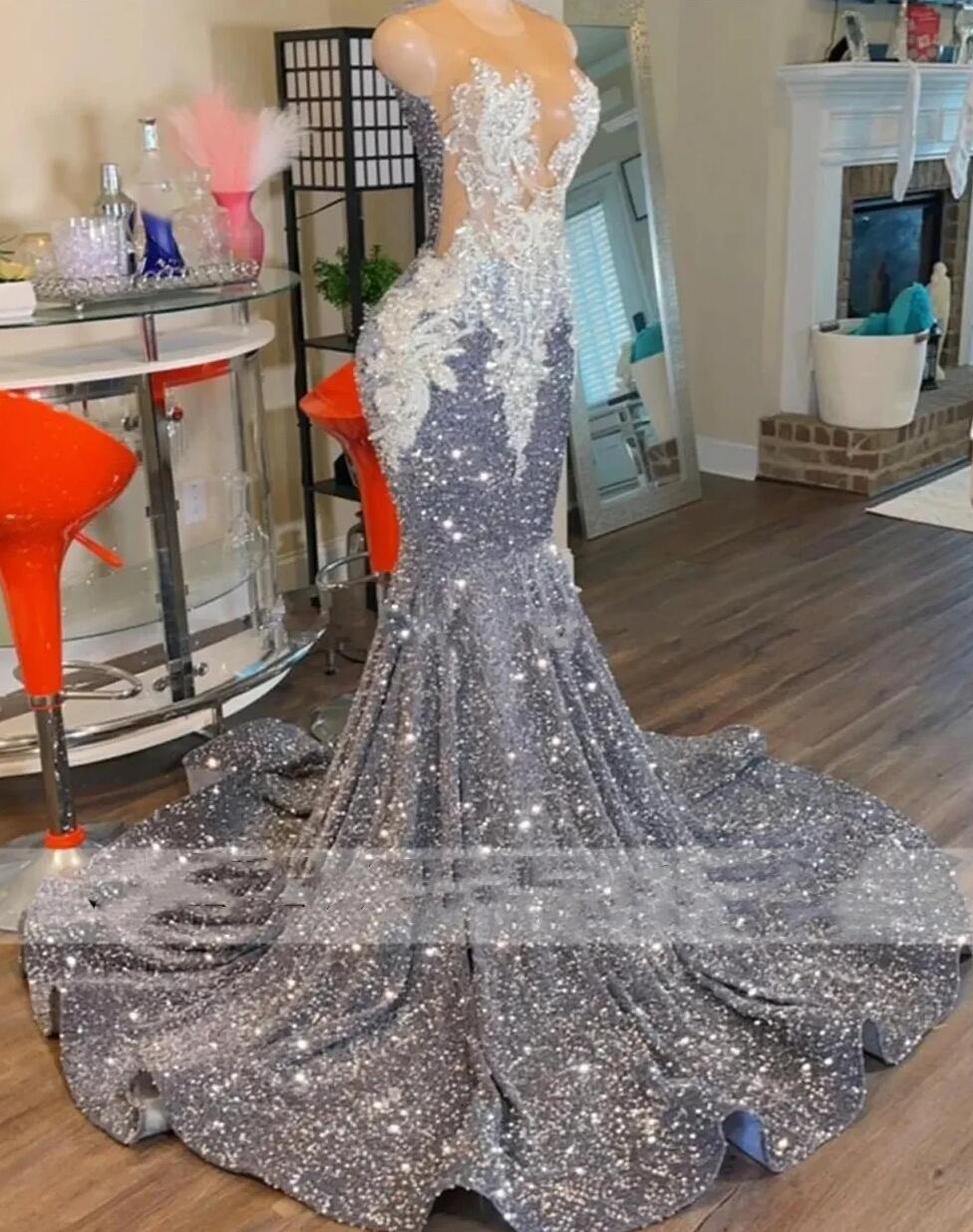 Shinning Grey Sequin Mermaid Prom Dresses 2024 O Neck Lace Appliques Plus Size Birthday Party Gowns Robe De Soiree Femme