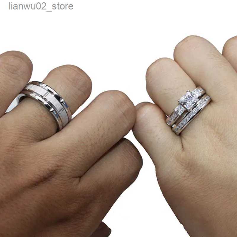Wedding Rings 2023 Couple Ring Womens Exquisite Rhinestone Zirconia Ring Set Simple Stainless Steel Mens Ring Fashion Jewelry Gift for Lovers Q240315