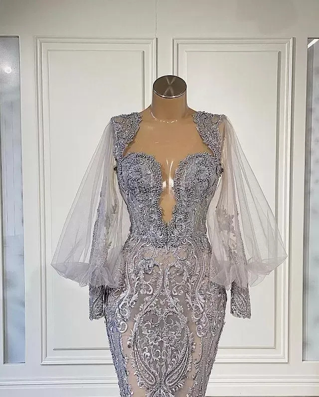 Mermaid Lace Evening Dresses Beaded Long Sleeve Prom Dress Appliqued Formal Party Gowns Pageant Wear Custom Made Vestido De Novia
