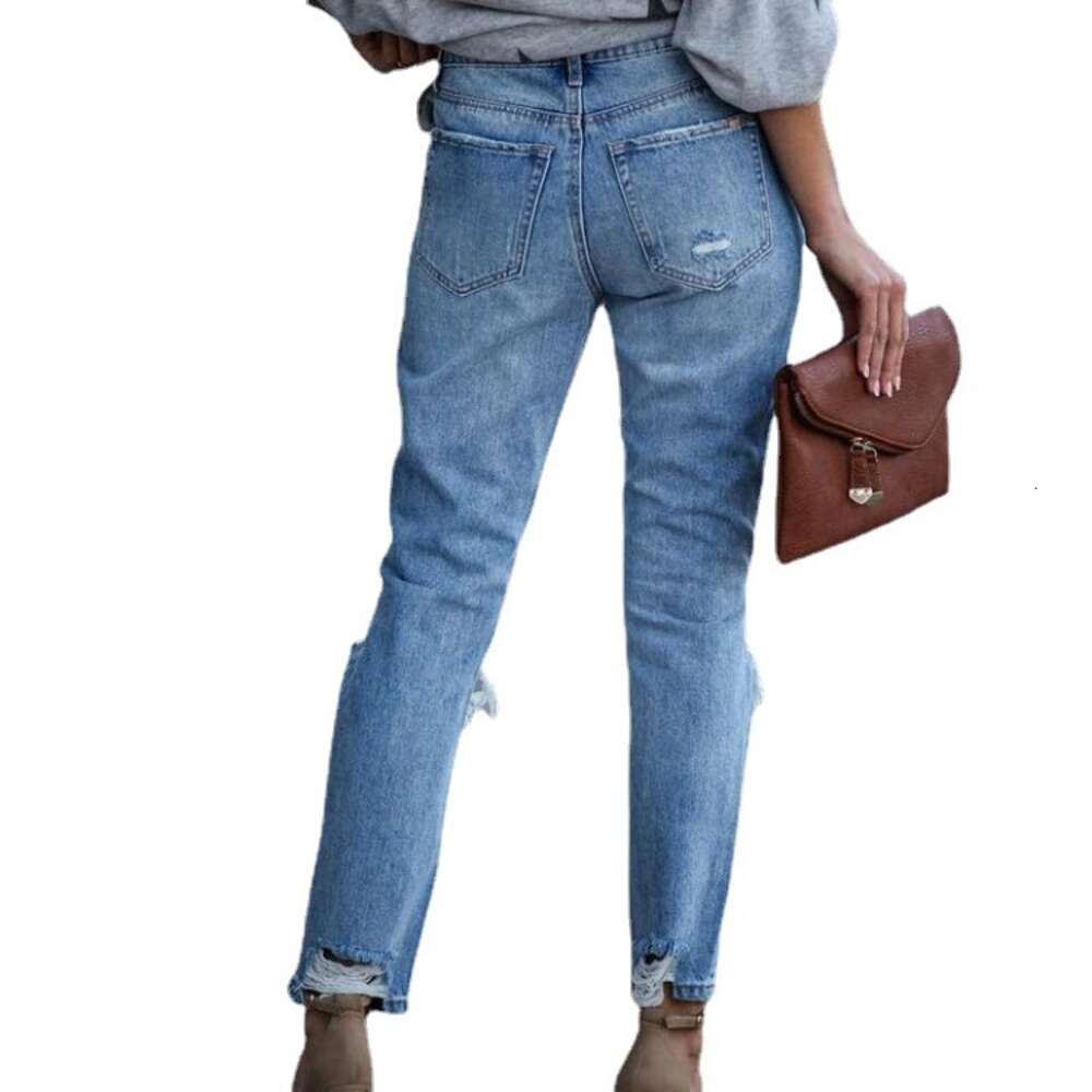 2024 Hot Selling Ripped Straight Leg Denim Pants for Women's Slim Fit Jeans