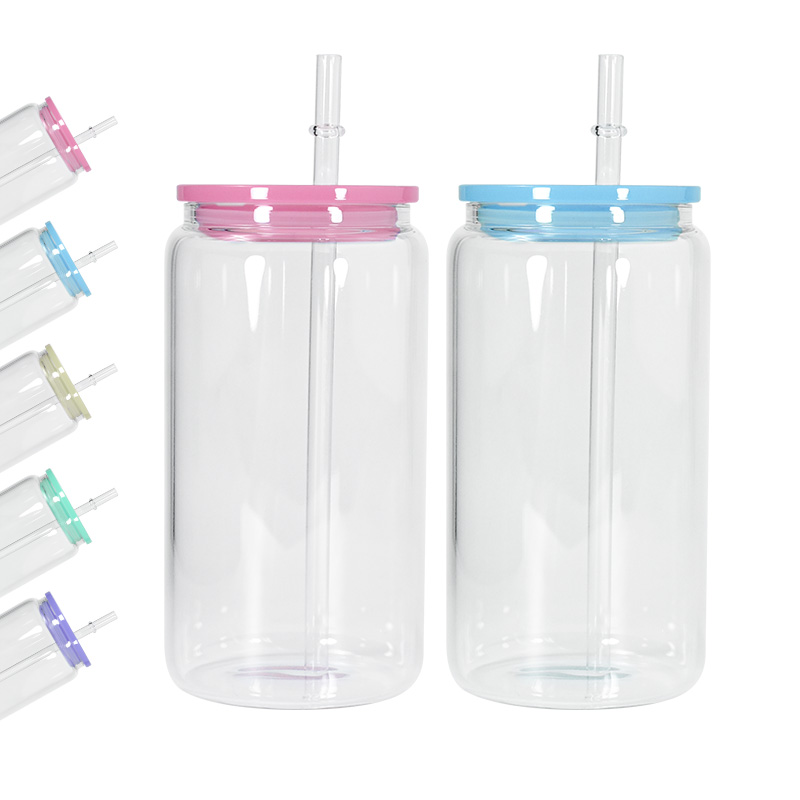 Blank Sublimation 16oz Glass Can with PP Lids Tumbler shape Bottle with Lid and Straw Summer Drinkware Mason Jar Juice Cup Z11