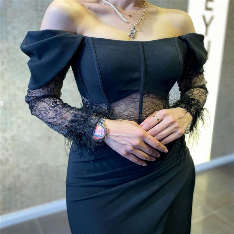 Fitted Black Prom Dress With Slit Off Shoulders Long Sleeve Satin Mermaid Evening Dresses Elegant Dinner Formal Dance Party Dress 2024 Special Occasio