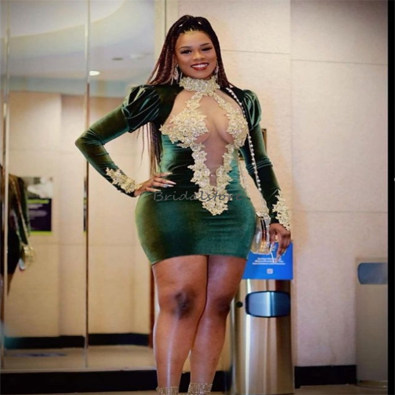 Green Velvet Short Prom Dresses 2024 High Neck Long Sleeve Appliques Beaded Mini Short Evening Dress Sexy Black Girls Cocktail Party Dresses Graduatio