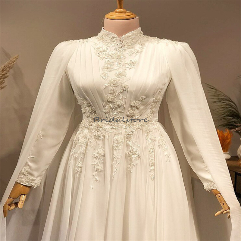 Gorgeous Muslim Wedding Dress With Caped High Neck Long Sleeve Appliques Lace Long Sleeve Arabic Dubai Bridal Dresses Floor Length Chiffon Vestios De 