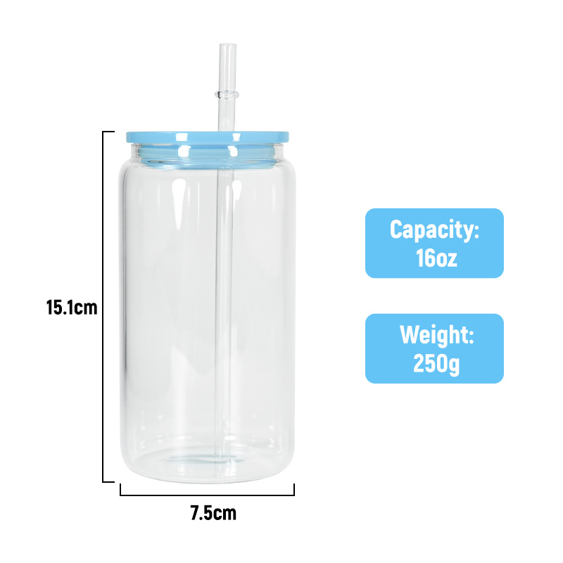 Blank Sublimation 16oz Glass Can with PP Lids Tumbler shape Bottle with Lid and Straw Summer Drinkware Mason Jar Juice Cup Z11