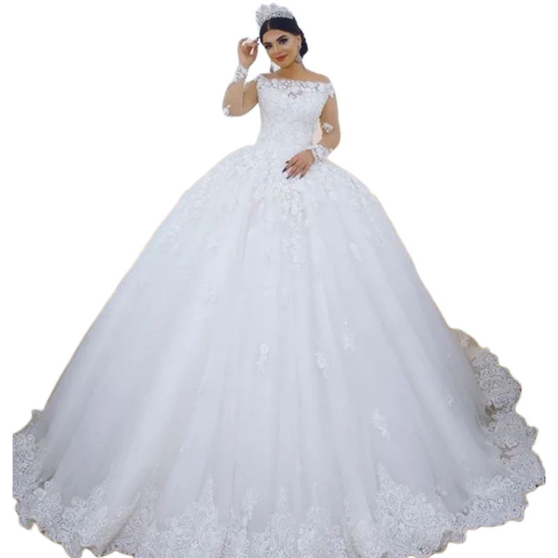 Dubai Arabic Ball Gown Wedding Dresses Long Sleeves Lace Appliques Bridal Gowns Plus Size Or Length White Tulle Bride Dress S