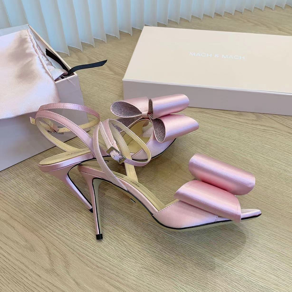 Mach Mach Satin bowtie stiletto Sandals pumps ankle strap exposed toe leather outsole evening shoes women Luxury designers high heels factory footwear