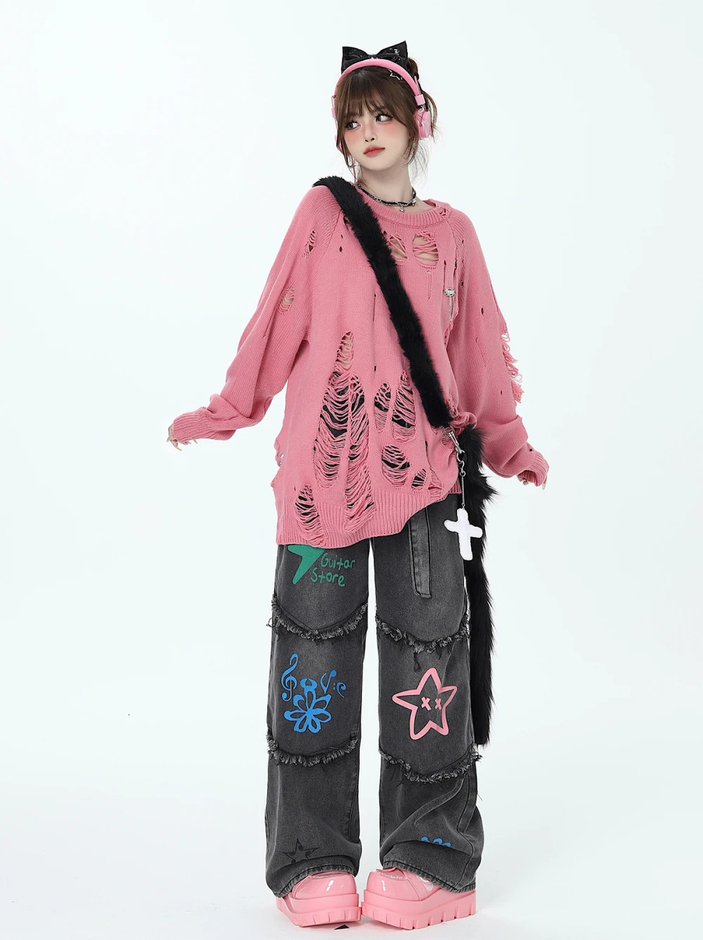 American Retro Graffiti Womens Jeans Autumn Winter Casual Star for Women Patchwork High Waist Y2K Pants with Belt 240307