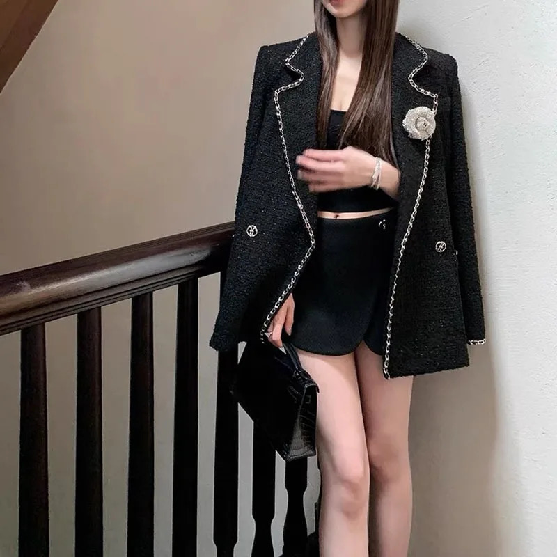 IRENE TINNIE Black Small Fragrance Jacket Women Coat Tweed Woven Overwear Casual Suit Jackets Female Spring School Style Top 240307