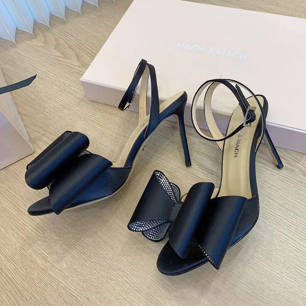 Mach Mach Satin bowtie stiletto Sandals pumps ankle strap exposed toe leather outsole evening shoes women Luxury designers high heels factory footwear