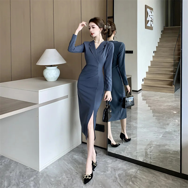 Solid Long Sleeve Elegant Dres Clothing Wedding Guest Year Women Fashion High Waist Slim Evening Party Dresses 240313