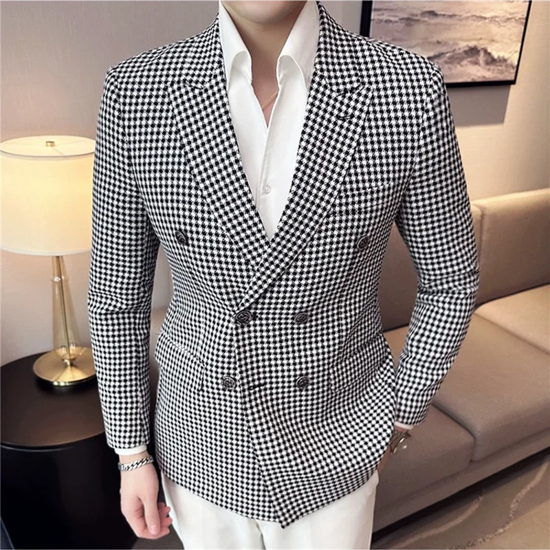 British Style Fashion Double Breasted Casual Blazer Coat 2023 Men Check Slim Fit Suit Jacket Formal Office Wedding Tuxedo 240311