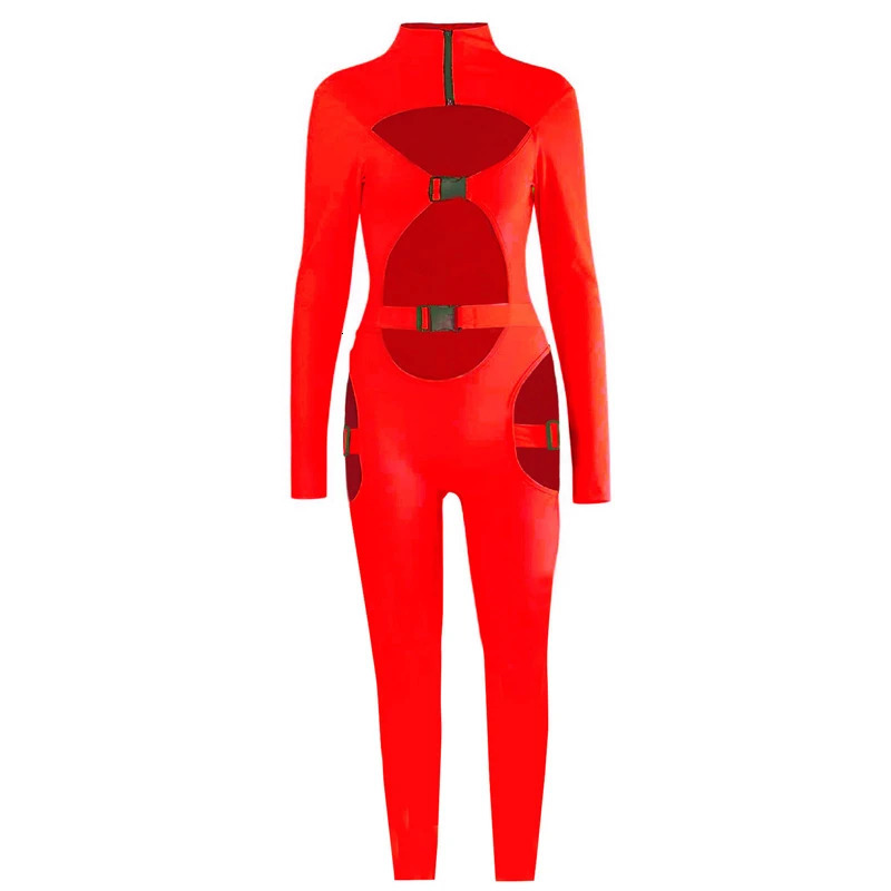 Sexy Women Bodycon Jumpsuit Solid Color Overalls Long Sleeves Rompers Bodysuits High Neck Hollow Out Buckle Biker Short Clubwear 240311
