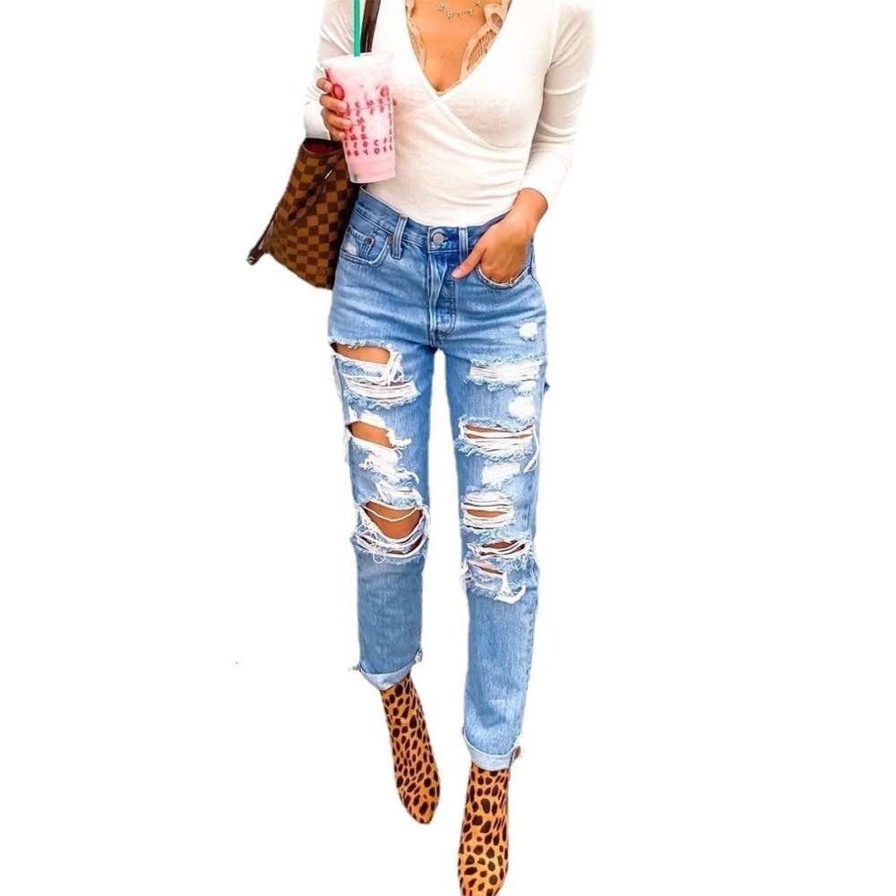 2024 Summer New Denim Hot Selling Personalized Perforation Slimming Pants