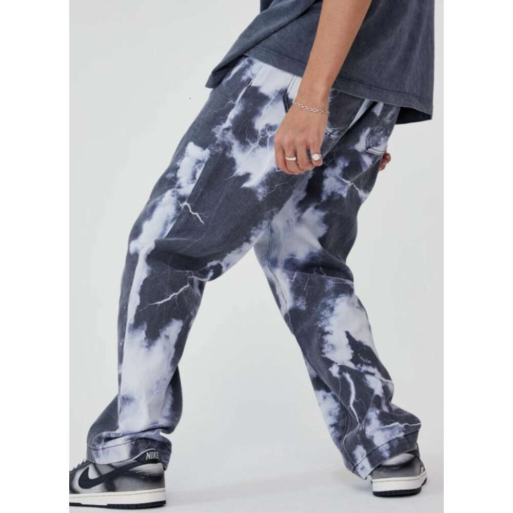 Trendy High Street Wash Tie Dye Printed Denim Men's Hip Hop Wide Straight Leg Dad Pants