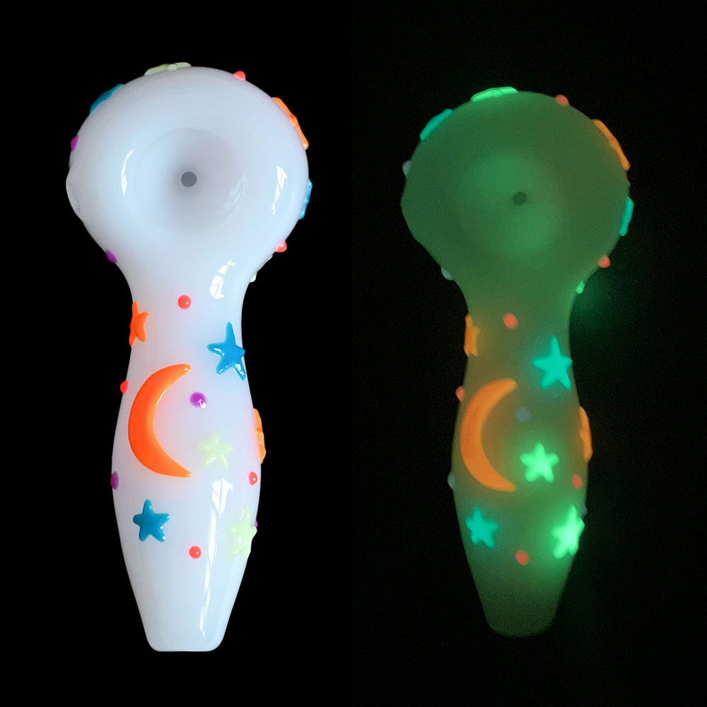 Colored Hand Drawn Glass Pipe,Cute Star Moon Pattern With Glow In Dark,Borosilicate Glass Bong,Glass Hookah,Smoking Accessaries,4in,HippiesGlass