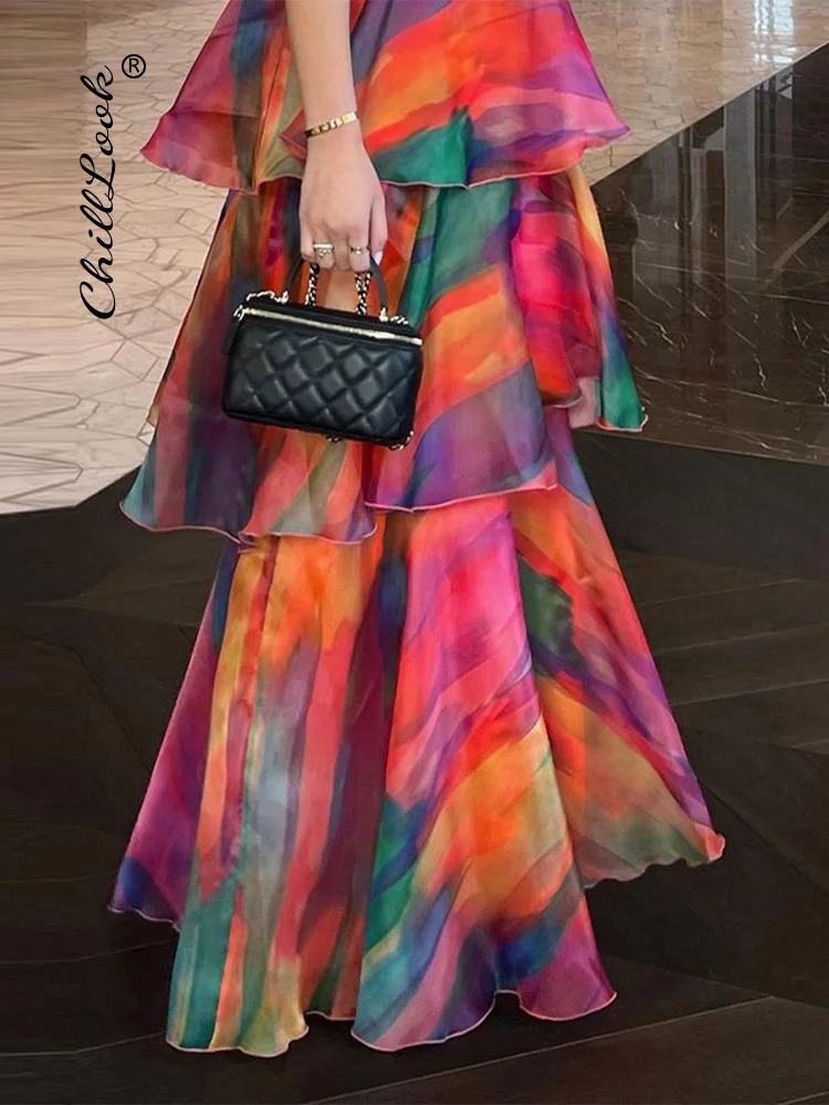 Cascading Ruffle Printed Dress For Women Sexy Sleeveless Halter Hollow Out Party Dresses Female 2024 Spring Summer Midi Vestidos 240313