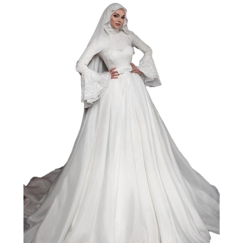 Modest Hijab Muslim Wedding Dresses High Neck Long Sleeves White Bridal Gowns Lace Appliques Beaded A Line Islamic Bridal Gowns With Bow Sash