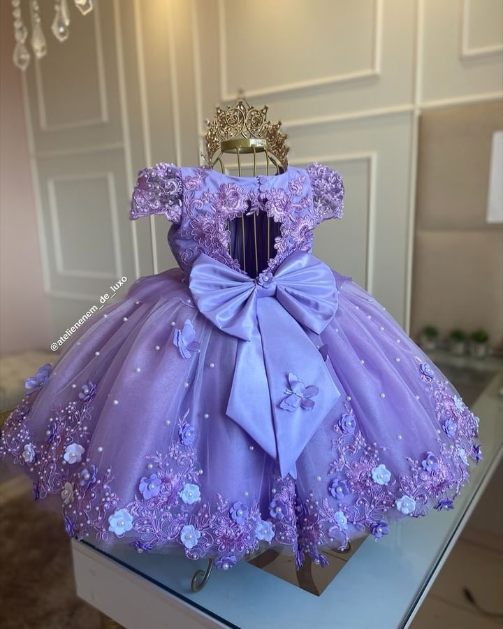 Lovely Wer Purple Dresses Lace Appliques Kids Formal Wear Backless Bow Knot Birthday Toddler Pageant Gowns Girls Dress Vestidos