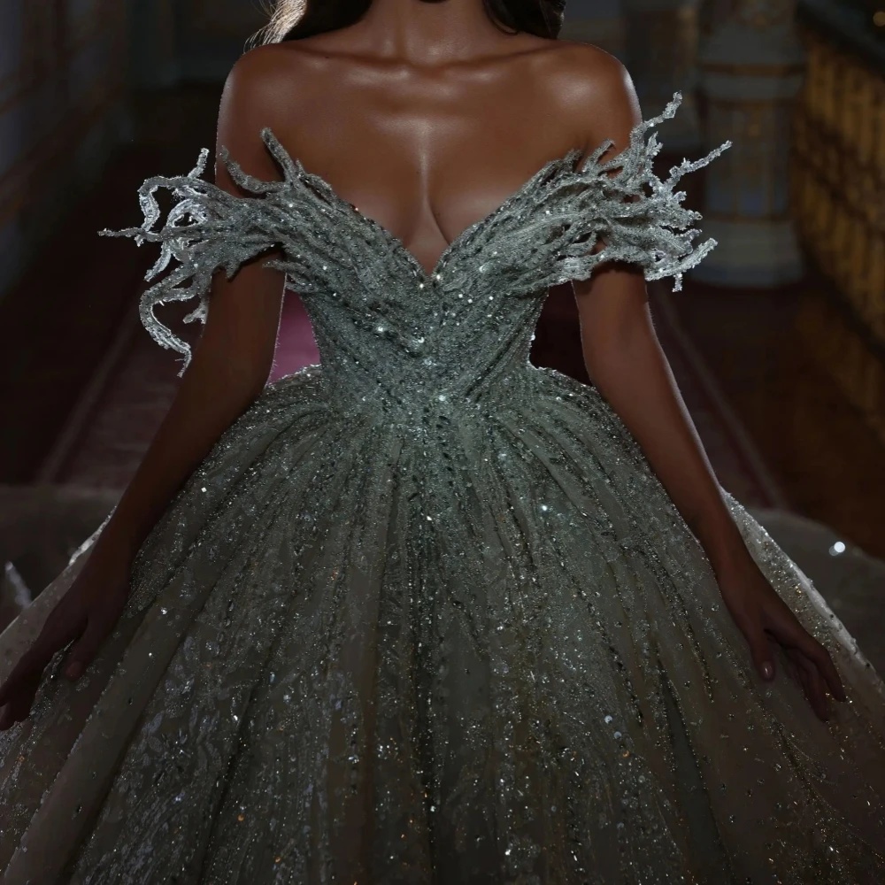 Shoulder Gorgeous Off Wedding Dresses Sequins Beaded Bridal Gowns Custom Made Crystal Appliques Ball Gown Vestido De Novia