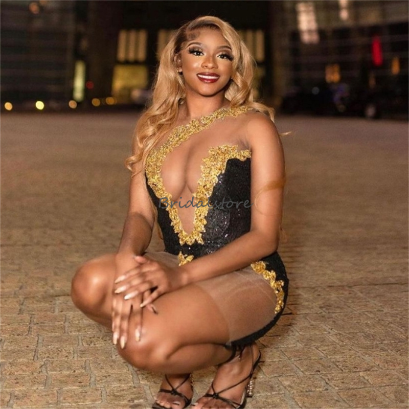 Black Girls Baddies Prom Dresses 2024 Sexy One Shoulder Gold Lace Short Evening Dress Elegant Women Cocktail Club Party Gowns Fancy See Through Gradua