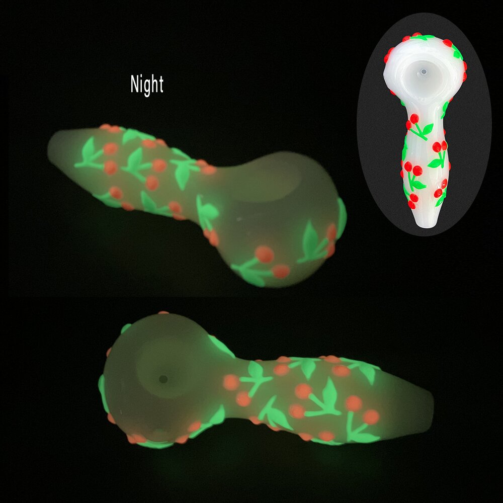 4in,Colorful Hand Drawn Glass Pipe,Cartoon Cherry Pattern With Glow In Dark,White Jade Pipe,Borosilicate Glass Bongs,Glass Hookah,Smoking Accessaries