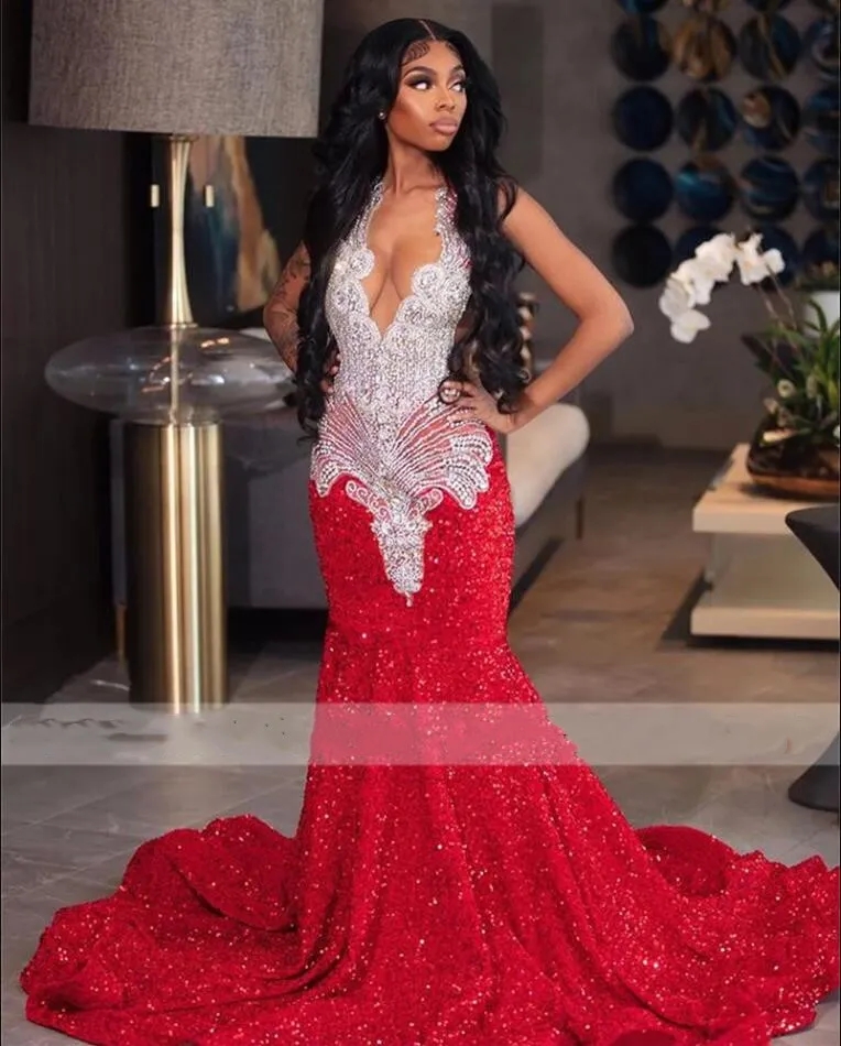 Sequin Sparkly Red Mermaid Prom Dresses Sier Crystal Beaded Sheer Neck Long Formal Party Evening Gowns For Black Girls