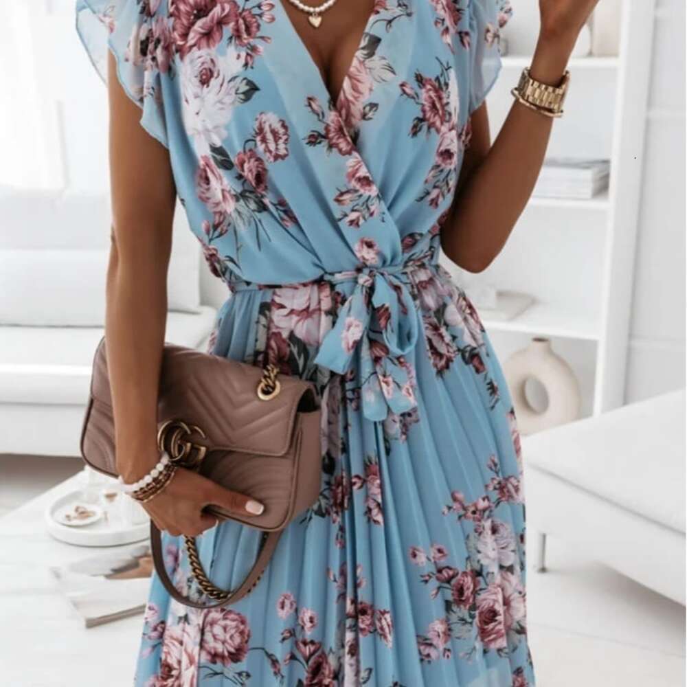 New Floating Sleeves Wrapped Waist Fragmented Flower Pleated Dress