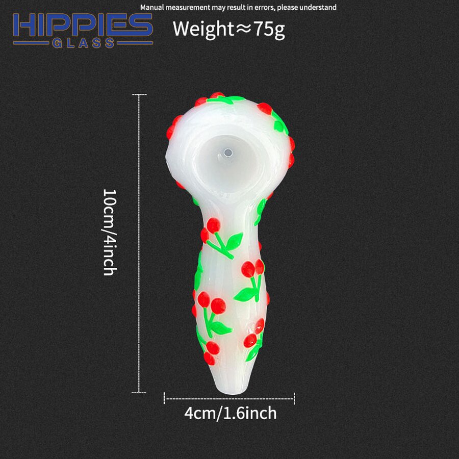 4in,Colorful Hand Drawn Glass Pipe,Cartoon Cherry Pattern With Glow In Dark,White Jade Pipe,Borosilicate Glass Bongs,Glass Hookah,Smoking Accessaries