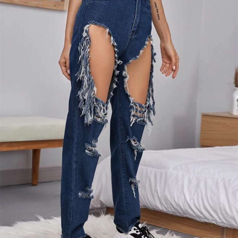 2024 New Hot Selling Women's Wear Casual Big Hole Tassel Denim Pants Children