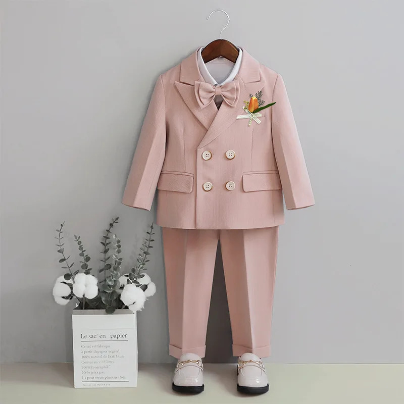 Children Formal Slim Fit Solid Suit Set Boys Wedding Birthday Performance Pography Costume Kids Blazer Pants Bowtie Outfit 240304