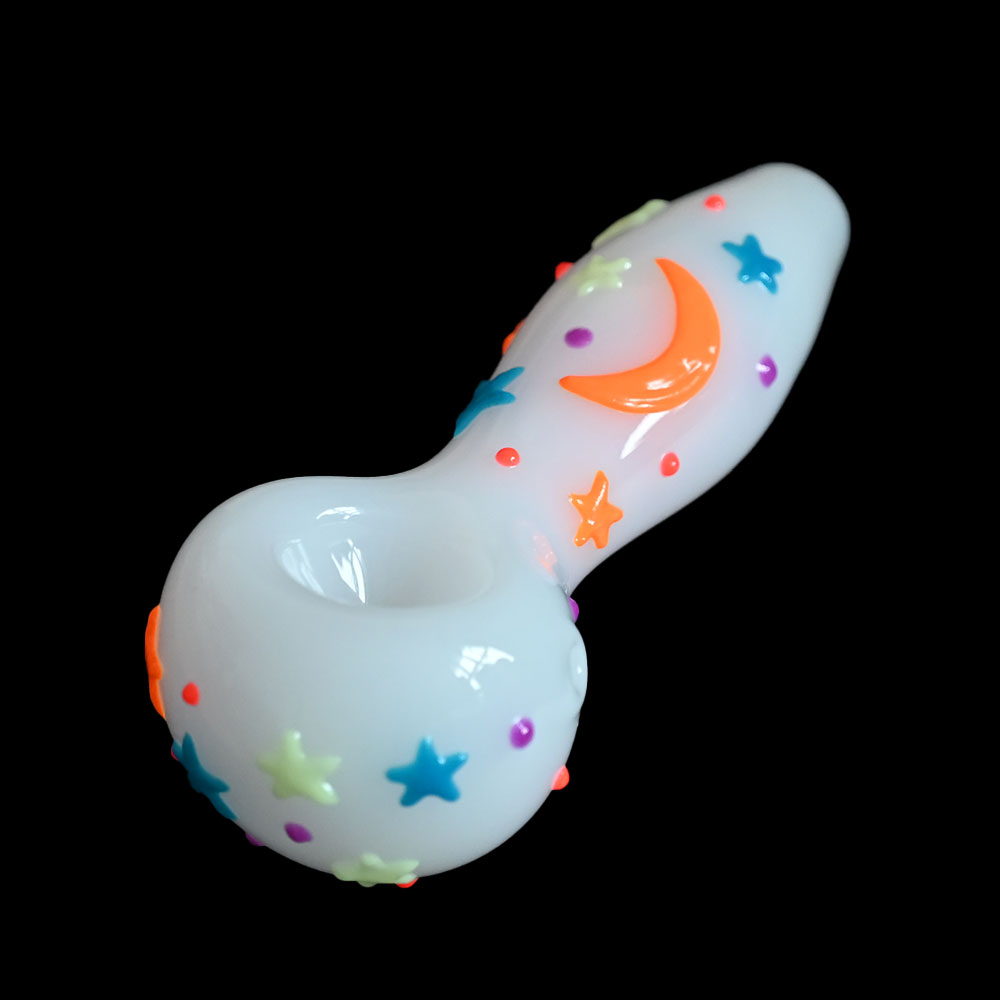 Colored Hand Drawn Glass Pipe,Cute Star Moon Pattern With Glow In Dark,Borosilicate Glass Bong,Glass Hookah,Smoking Accessaries,4in,HippiesGlass