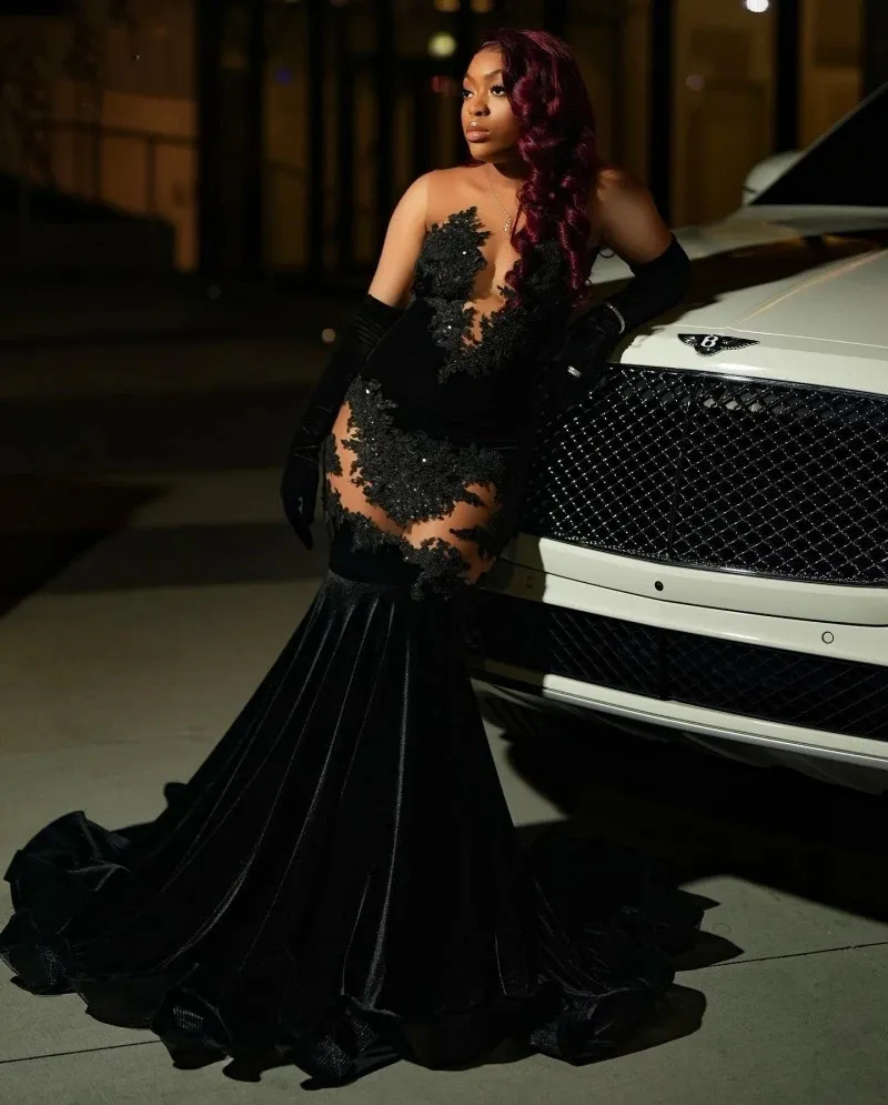 Sexy Black Mermaid Prom Dresses Lace Velvet African Women Party Gowns Sequin Vestidos De Ocasion Formales
