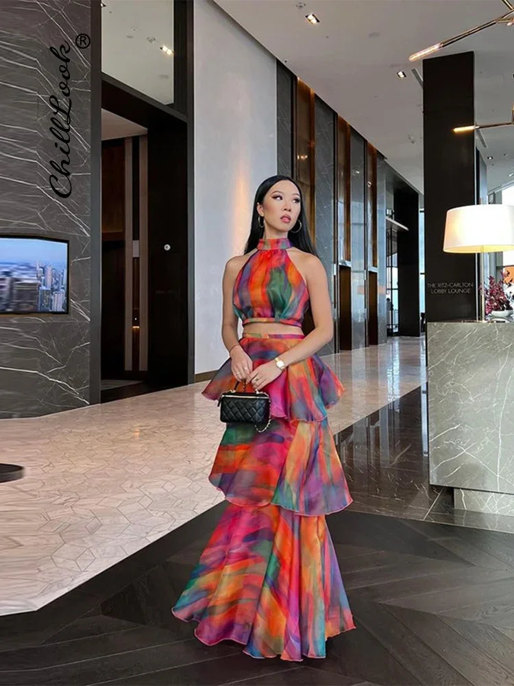 Cascading Ruffle Printed Dress For Women Sexy Sleeveless Halter Hollow Out Party Dresses Female 2024 Spring Summer Midi Vestidos 240313