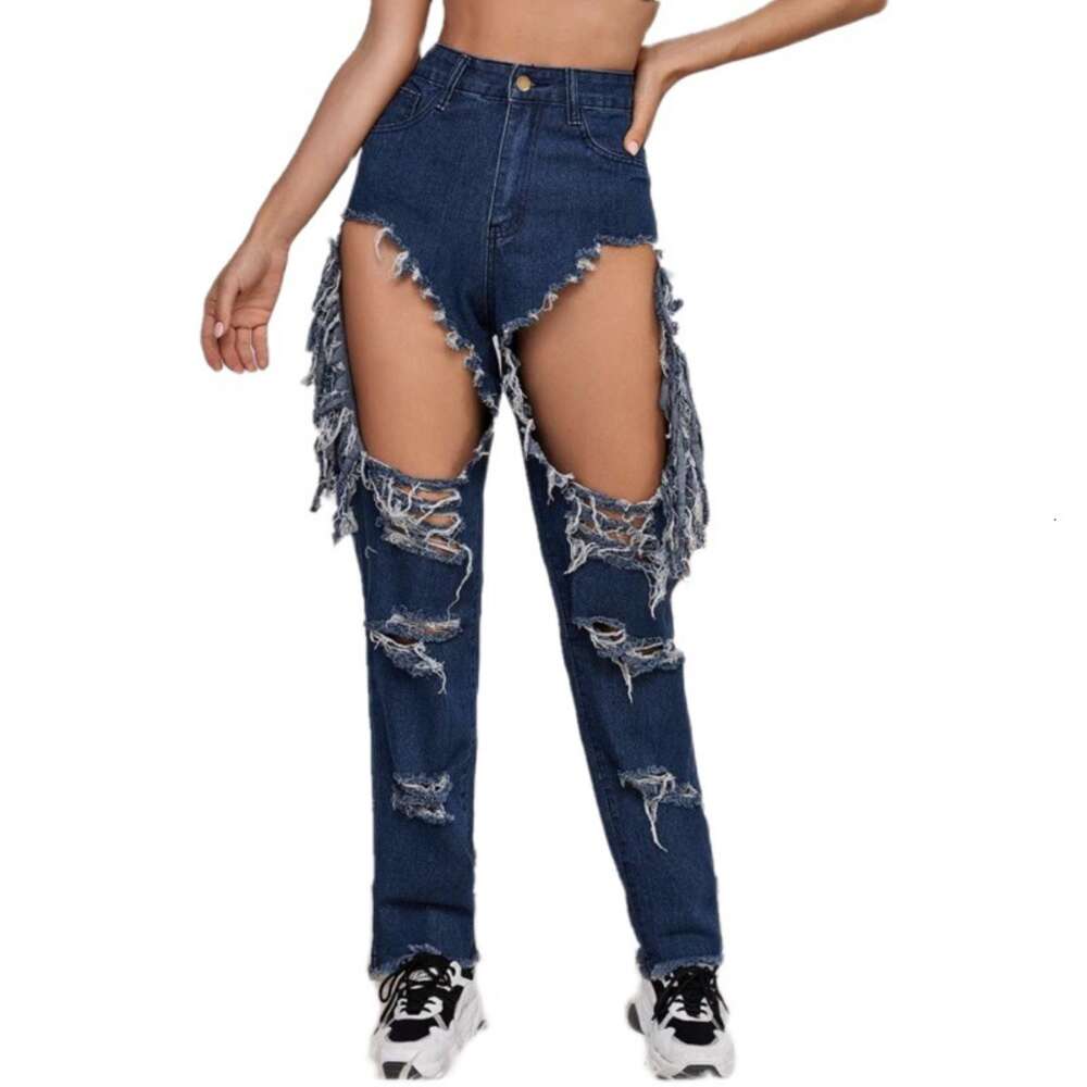2024 New Hot Selling Women's Wear Casual Big Hole Tassel Denim Pants Children