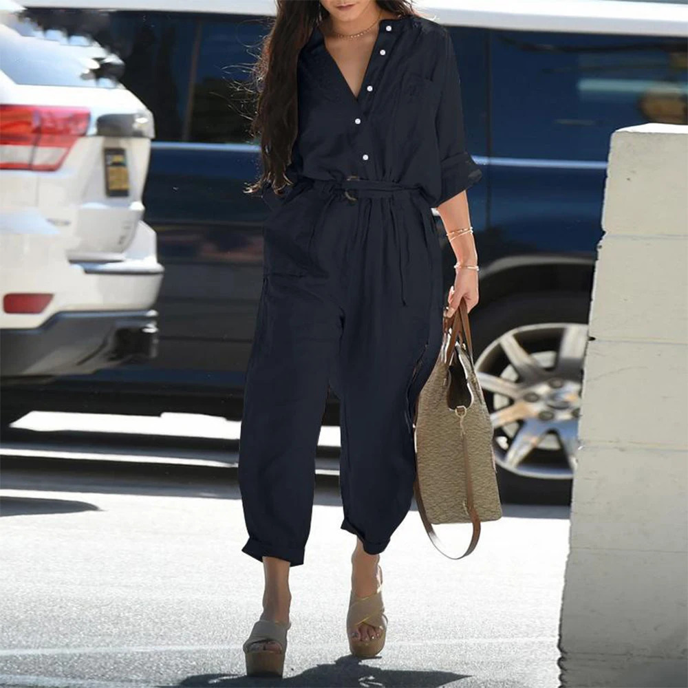 Cotton Linen Oversized Jumpsuit For Woman Tight High Waist Solid Loose Long Pants Female Clothing Rompers Bodysuit Trousers 240307