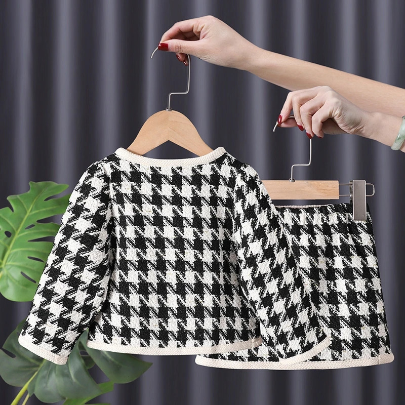 Autumn Winter Girls Clothing Sets Toddler Girl Tweed Plaid Suit Cardigan SweaterShort Skirt 2PCS Children Girl Outfits 1-5Yrs 240229