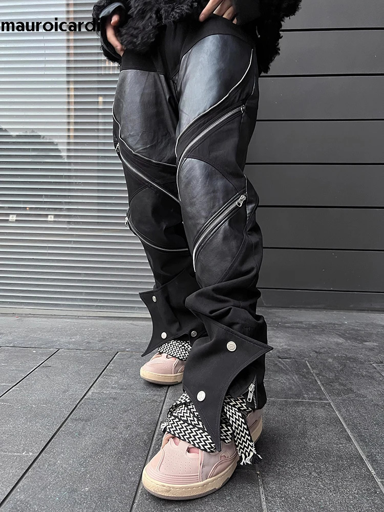 Mauroicardi Spring Autumn Long Black Patchwork Pu Leather Pants Men with Many Zippers Clothing Trousers Fashions 240305