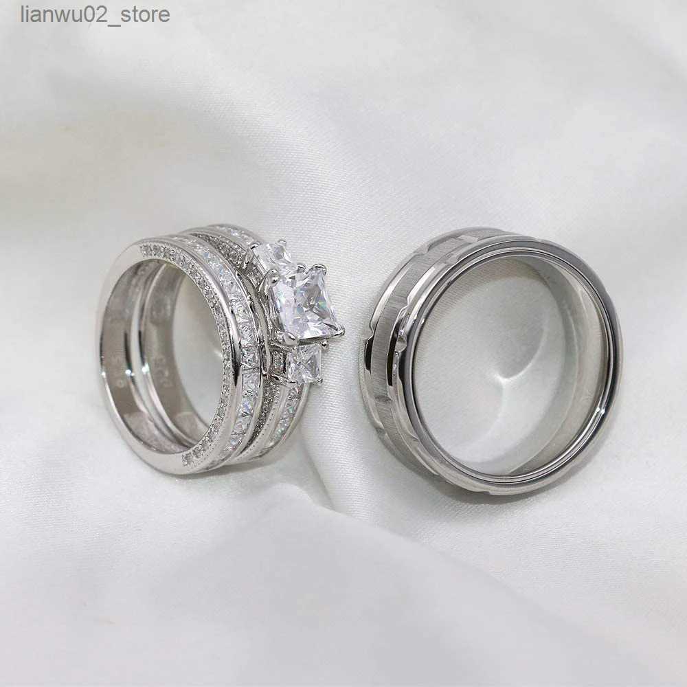 Wedding Rings 2023 Couple Ring Womens Exquisite Rhinestone Zirconia Ring Set Simple Stainless Steel Mens Ring Fashion Jewelry Gift for Lovers Q240315