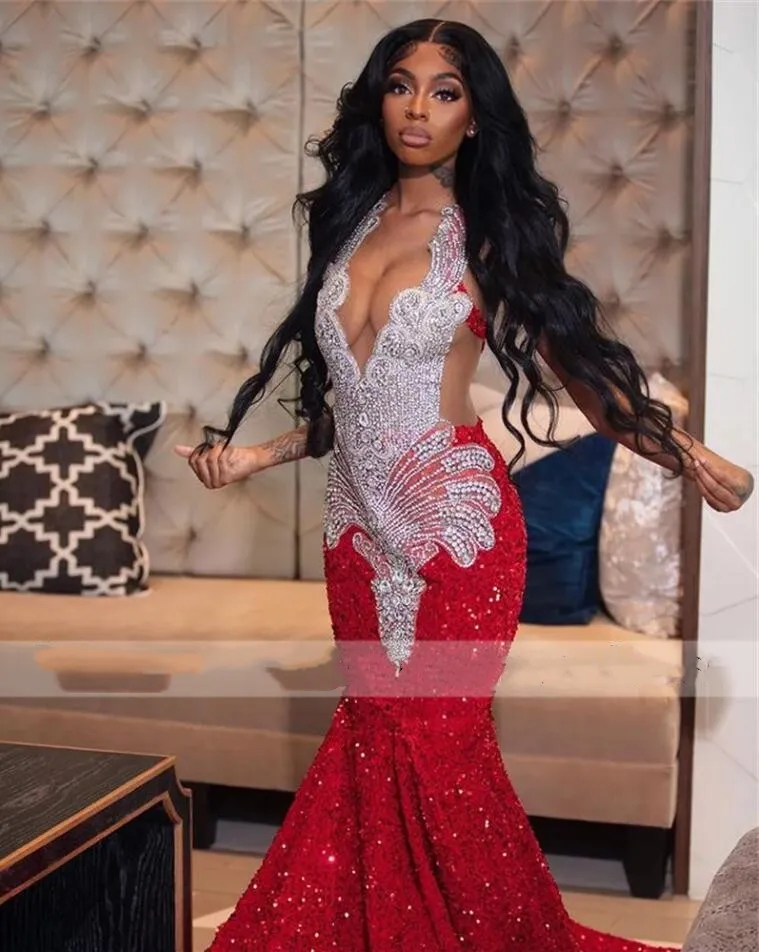 Sequin Sparkly Red Mermaid Prom Dresses Sier Crystal Beaded Sheer Neck Long Formal Party Evening Gowns For Black Girls