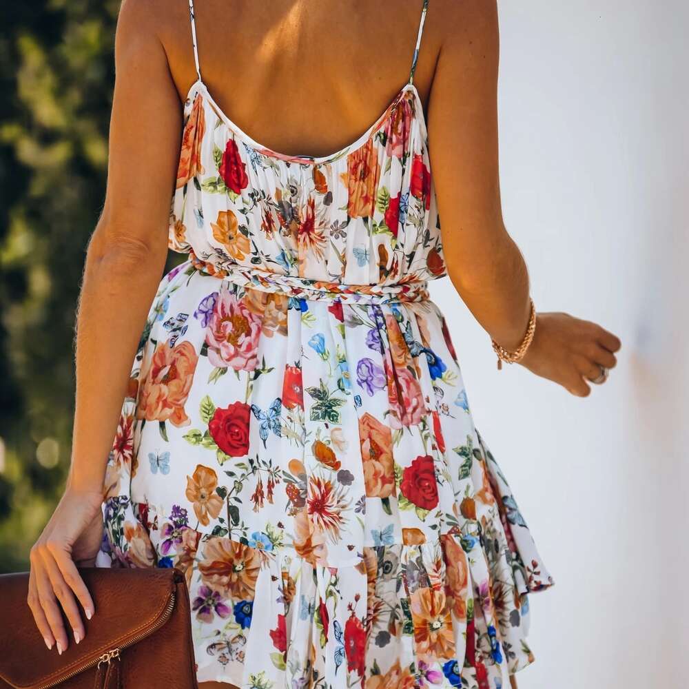 2024 Summer New Printed Ruffle Edge Sling Dress