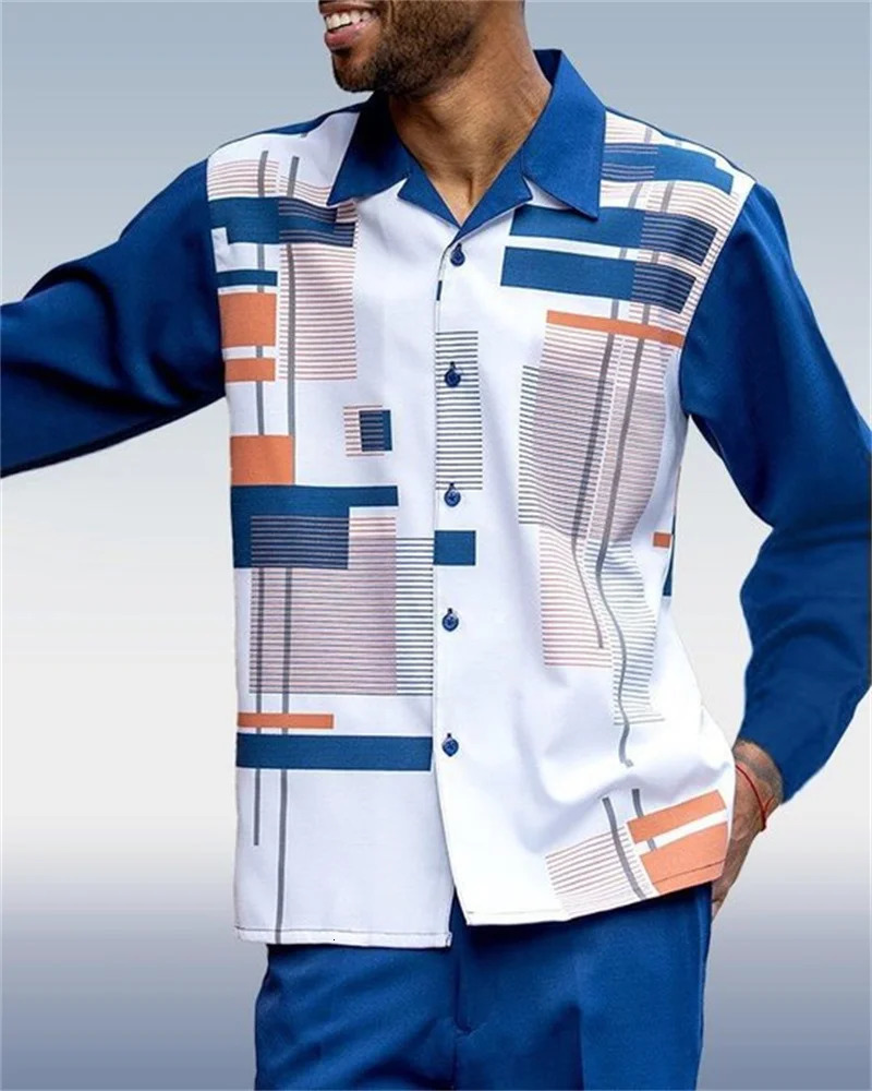 Fashion Mens 2-Piece Harajuku Striped Long-Sleeve Top Pants Summer Outdoor Suits Casual Shirts Pants 2-Piece Set 240301