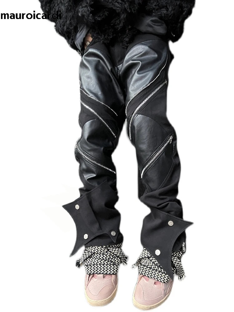 Mauroicardi Spring Autumn Long Black Patchwork Pu Leather Pants Men with Many Zippers Clothing Trousers Fashions 240305