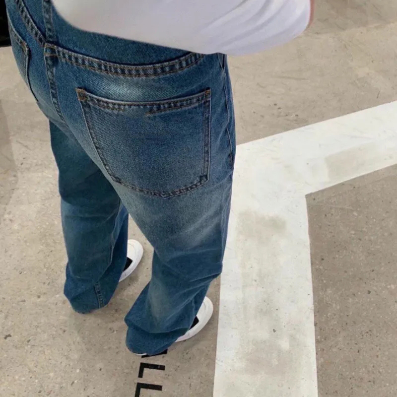 Women's Cotton Blue Straight Leg High Waist Jeans With Letter Ribbon Decoration B4