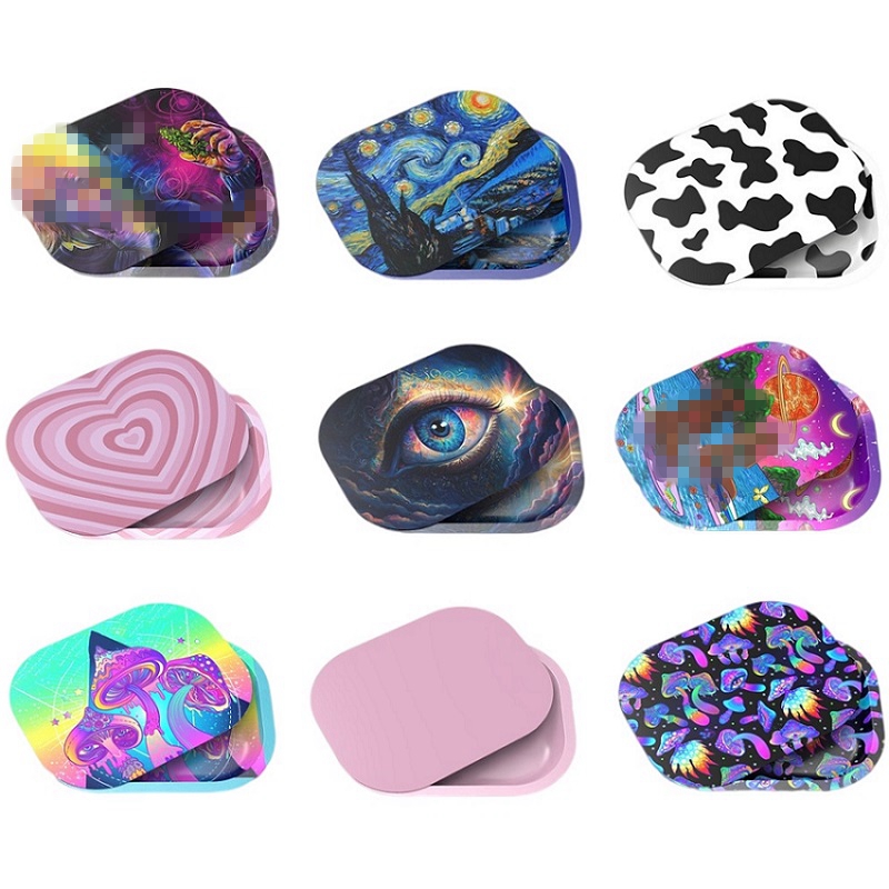 Factory Rolling Tray With PVC Magnetic Lid 18 colour 18cm*14cm Cartoon Tobacco Storage Plates Metal Rolling Tray