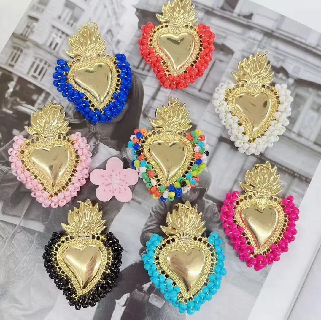10Pcs Bohemia Gold Plated Colorful Miyuki Beads Love Heart Pendant Fashion Christian Pendants Copper Bead Chain Necklaces 240314